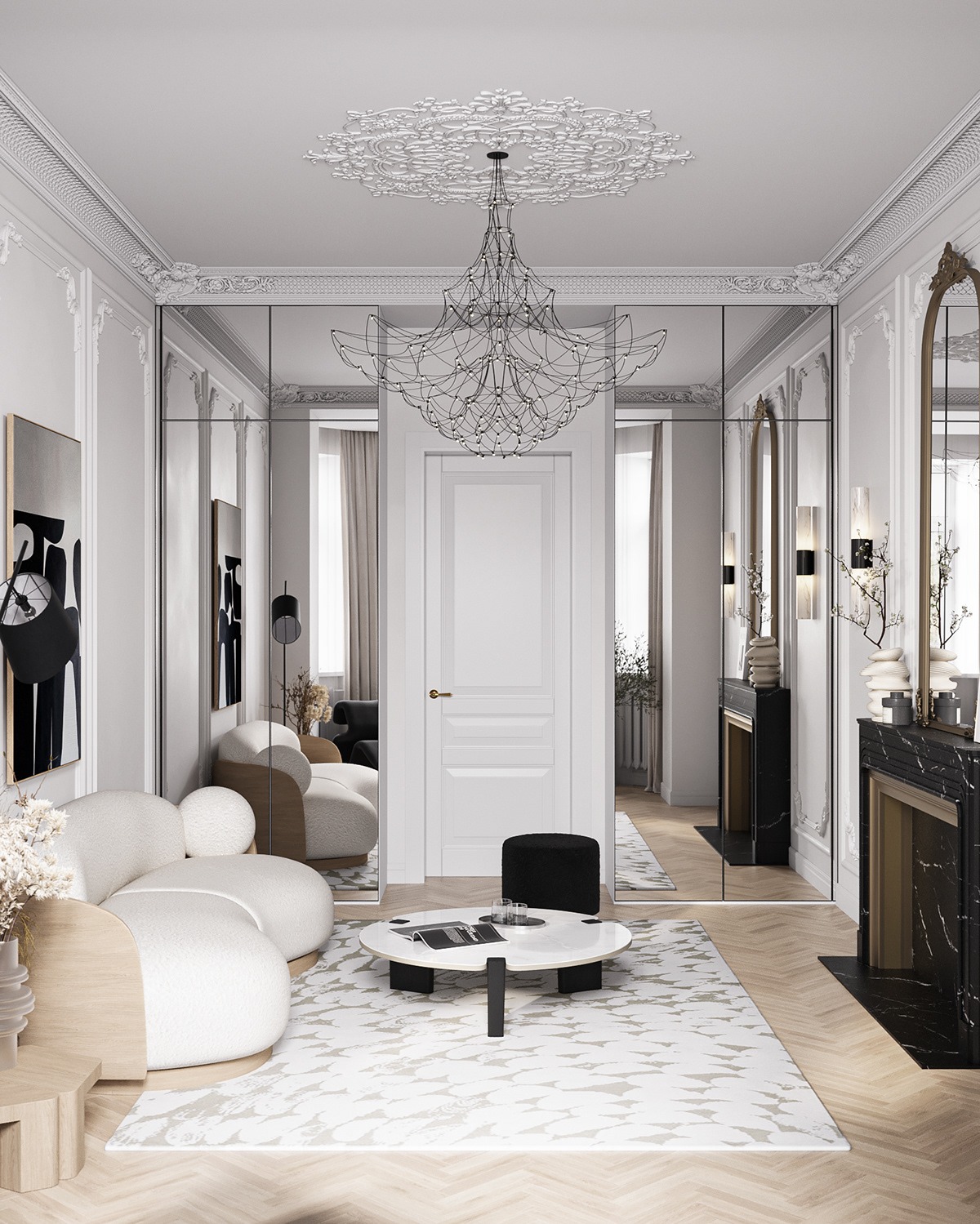 Elegancki salon z lustrzanymi ścianami, kremową sofą i okrągłym stolikiem kawowym. Na suficie ozdobny żyrandol i sztukateria. Parkiet w jodełkę.