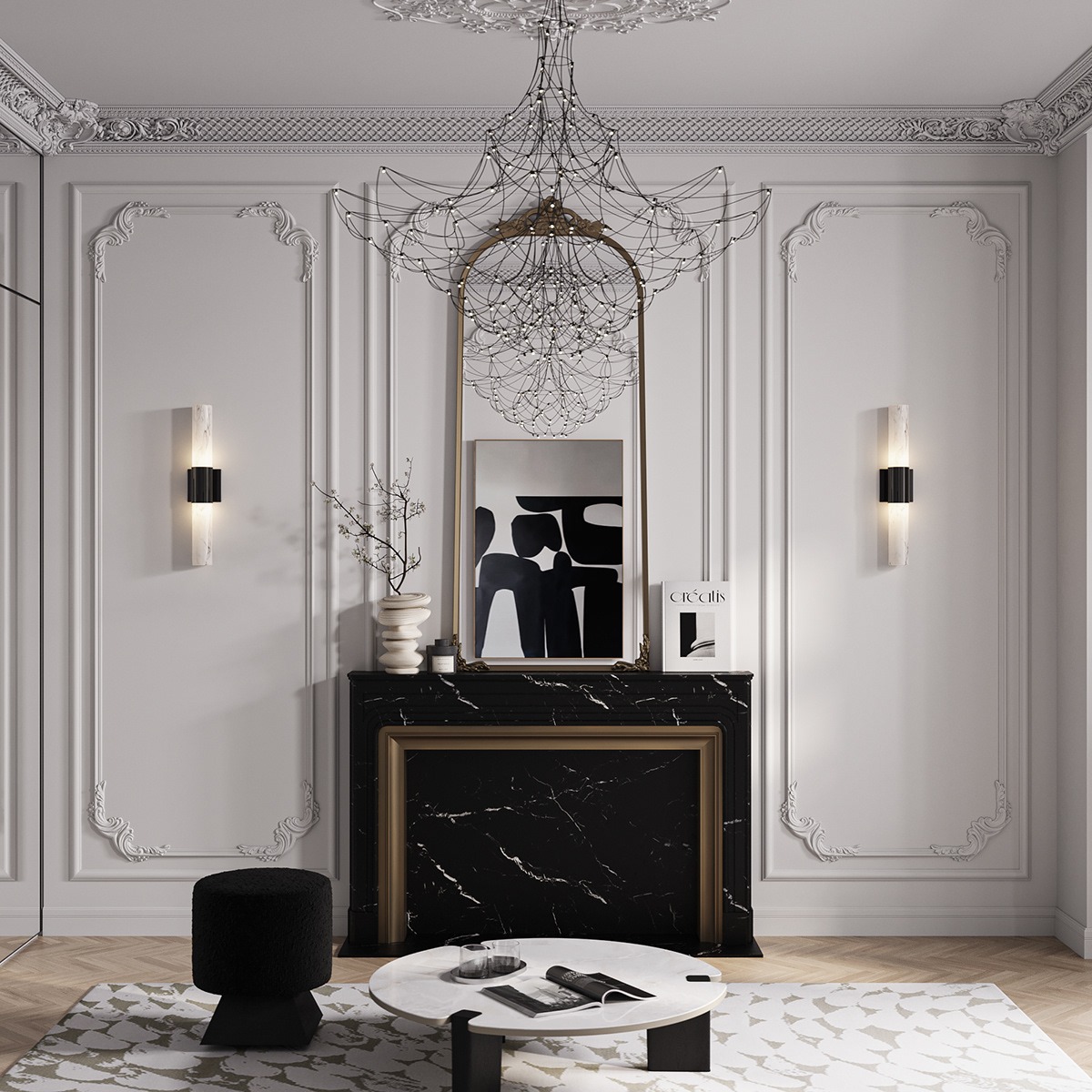 Elegancki salon z marmurowym kominkiem, abstrakcyjnym obrazem i designerskim żyrandolem. Klasyczne sztukaterie, nowoczesne lampy ścienne i okrągły stolik kawowy.