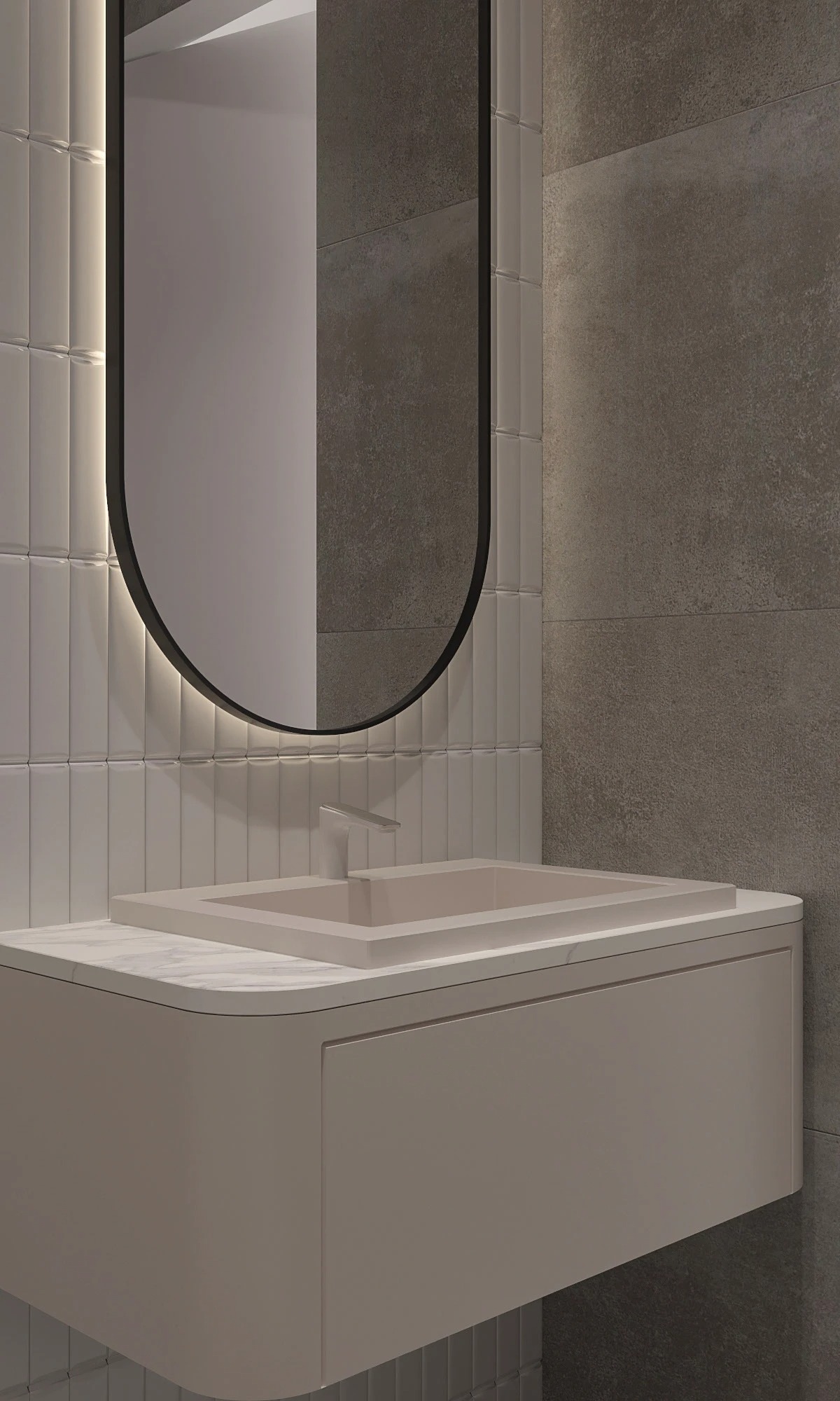 Nowoczesna łazienka: umywalka nablatowa z szafką w odcieniach beżu, okrągłe lustro z podświetleniem LED, płytki imitujące kamień i pionowe, białe płytki.