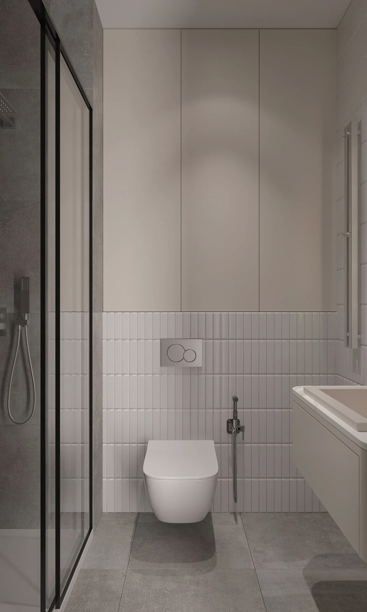 Minimalistyczna łazienka w szarościach: kabina prysznicowa z czarną ramą, podwieszana toaleta, umywalka z szafką i płytki imitujące cegłę. Nowoczesny design.