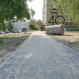 Manus Company Marcin Matusiak - Ułożona ścieżka z kostki brukowej prowadząca do budynku z muralem, z widocznym betonowym elementem dekoracyjnym. Otoczenie zielone, drzewa.