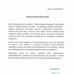 Referencje dla biura rachunkowego Ewy Jarczyńskiej od żłobka Tęcza S.C. z datą 07.03.2019 r. Podkreślony profesjonalizm i solidność.