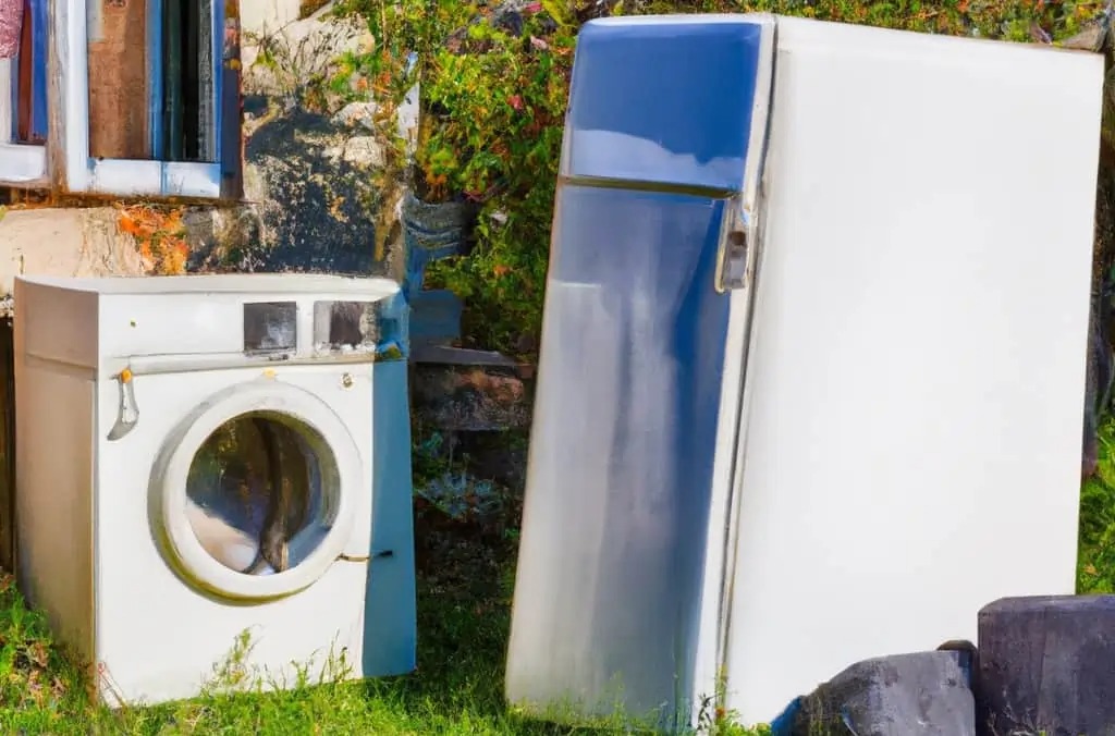 Stara pralka obok lodówki na zewnątrz budynku, prawdopodobnie przeznaczone do usunięcia podczas opróżniania mieszkania lub innego lokalu.