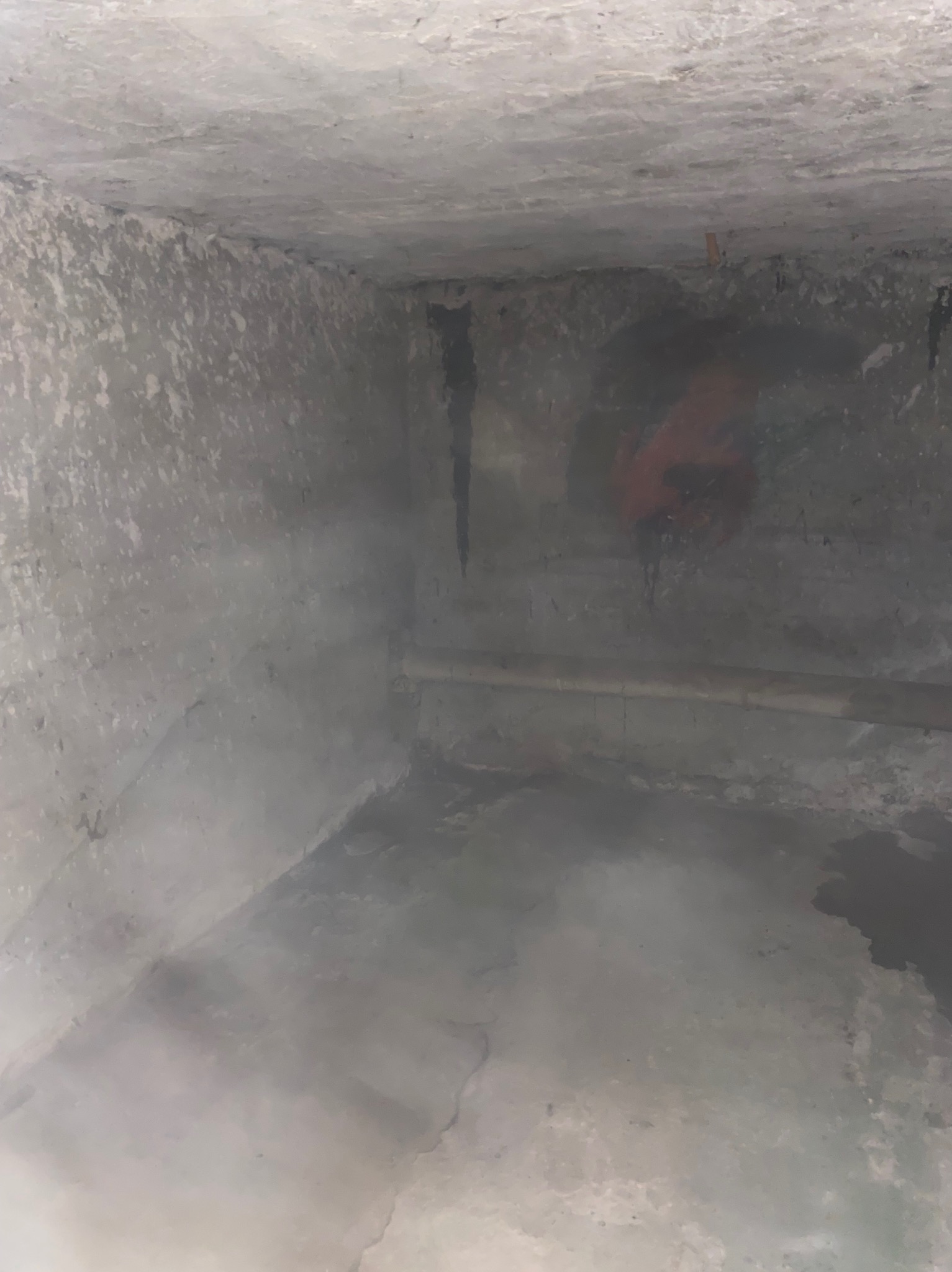 Zaniedbane, betonowe pomieszczenie z widoczną rurą i zaciekami na ścianach, prawdopodobnie piwnica lub magazyn przed sprzątaniem.