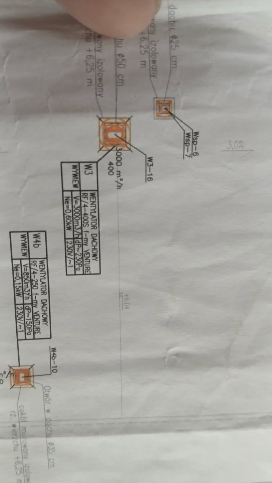 Schemat instalacji wentylacji dachowej z opisem technicznym wentylatorów i wymiarami otworów w dachu. Widoczne oznaczenia W3-16, W4b-10 i parametry pracy urządzeń.