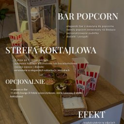 OLSOUND Wiktor Olszewski - Bar popcorn i strefa koktajlowa z maszyna do popcornu, słoikami z koktajlami i dodatkami. Elegancki wygląd, integracja gości, prestiż wydarzenia.