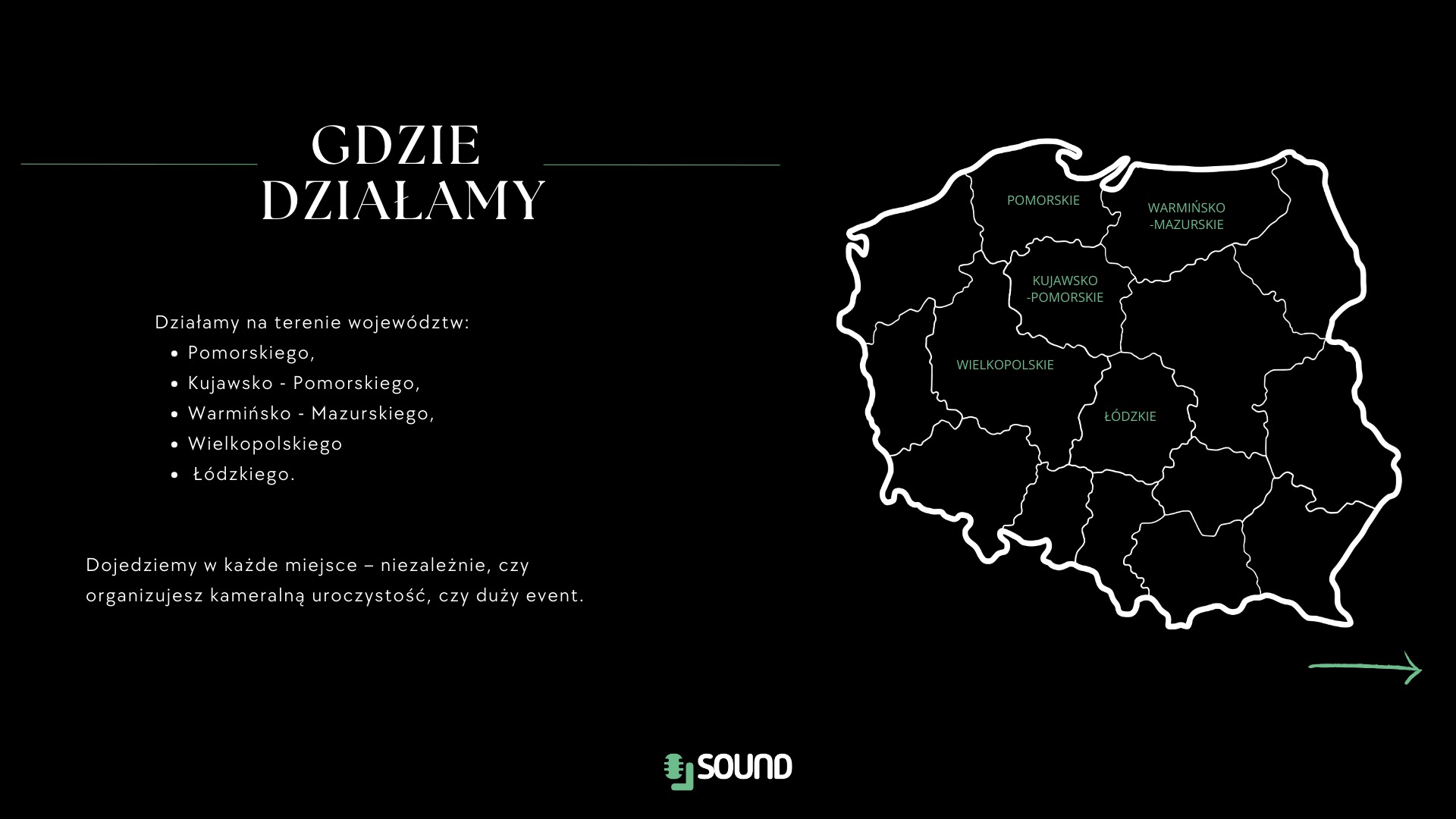 Mapa Polski z zaznaczonymi województwami: Pomorskie, Kujawsko-Pomorskie, Warmińsko-Mazurskie, Wielkopolskie, Łódzkie. Informacja o obszarze działania firmy.