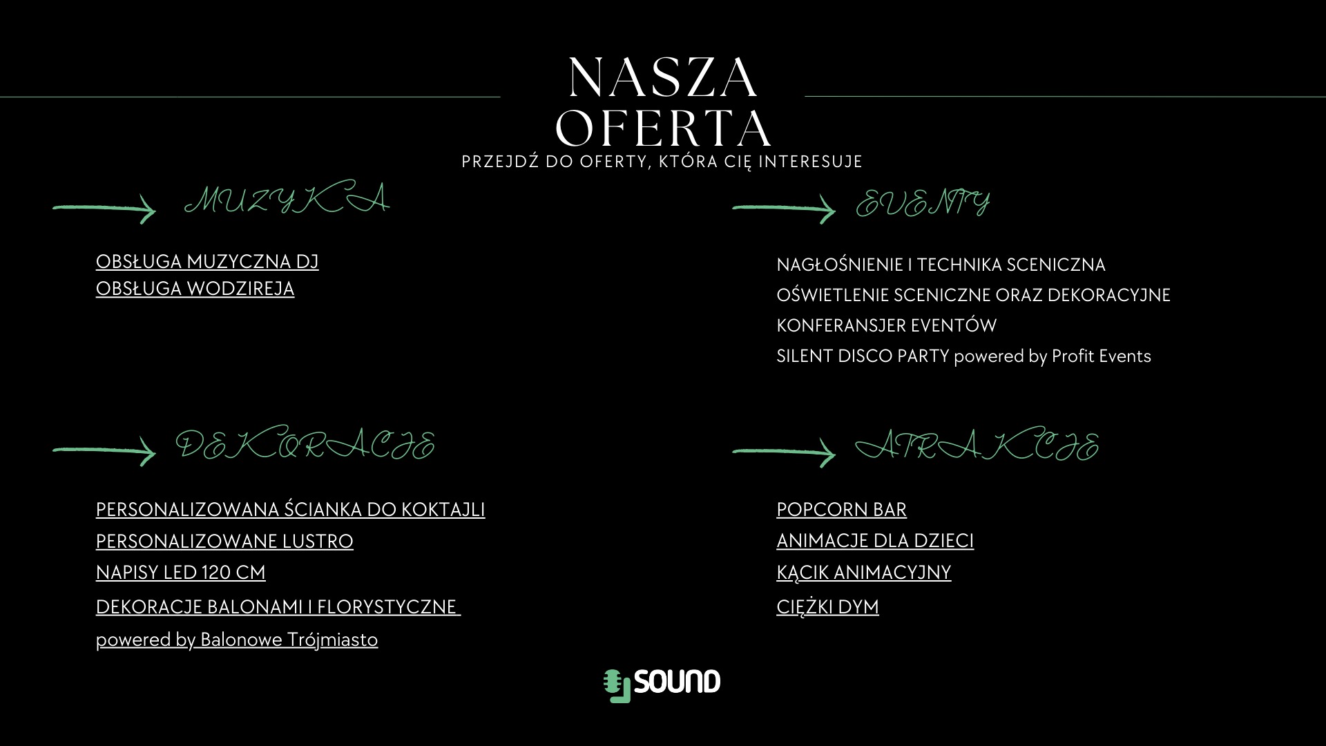Grafika z ofertą usług eventowych: muzyka DJ, nagłośnienie, dekoracje, atrakcje dla dzieci, ciężki dym. Minimalistyczny design na czarnym tle.