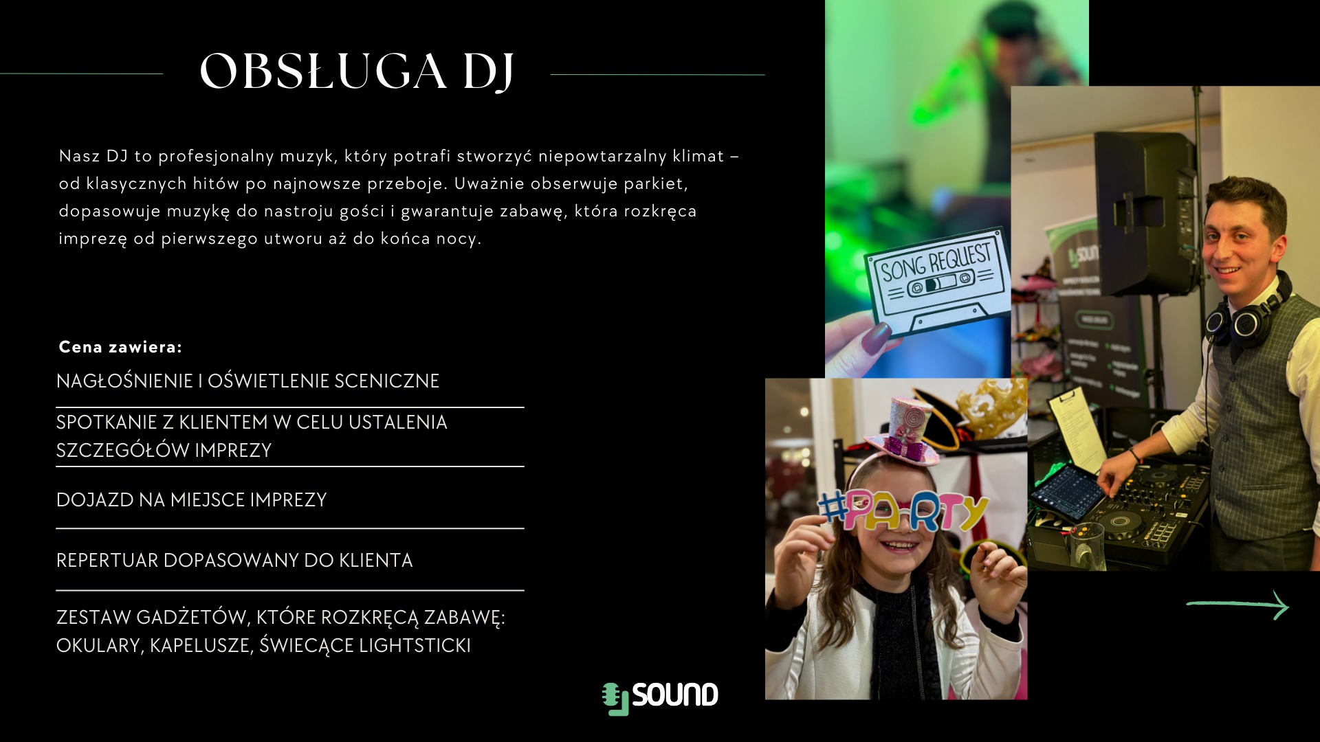 DJ w trakcie pracy, uśmiechnięty, z profesjonalnym sprzętem. W tle dekoracje imprezowe i prośba o piosenkę. Dziecko w okularach z napisem #PARTY.