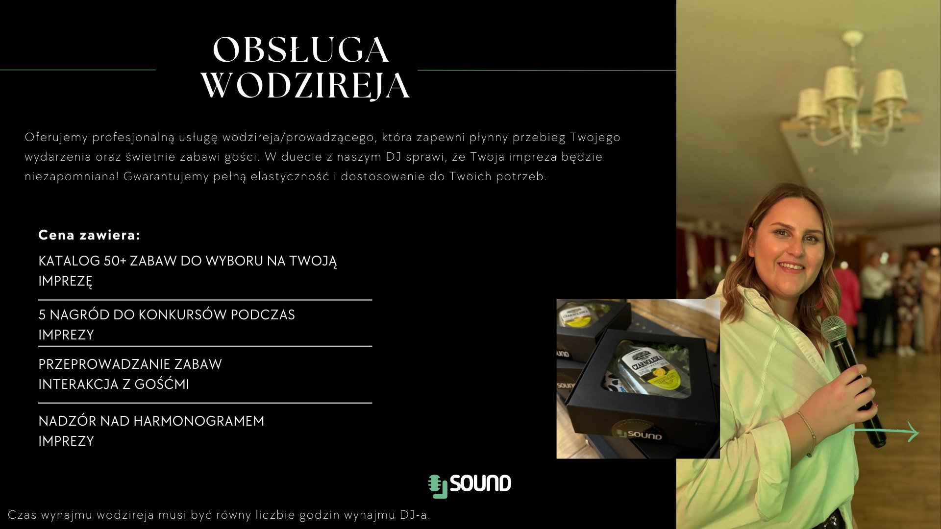 Wodzirejka z mikrofonem w Gdańsku, uśmiechnięta, z nagrodami w tle. Profesjonalna obsługa imprez i eventów, interakcja z gośćmi i nadzór nad harmonogramem.