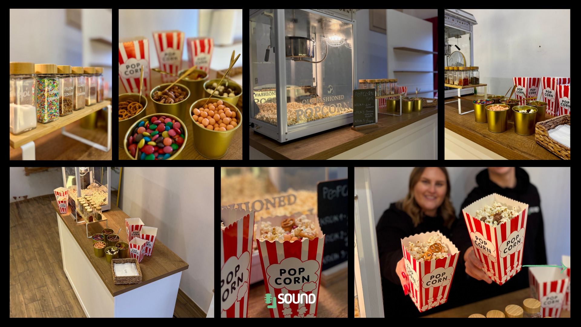 Bar z popcornem na imprezie: maszyna do popcornu, dodatki w złotych miseczkach, słoiczki z posypkami i osoby trzymające pudełka z popcornem.