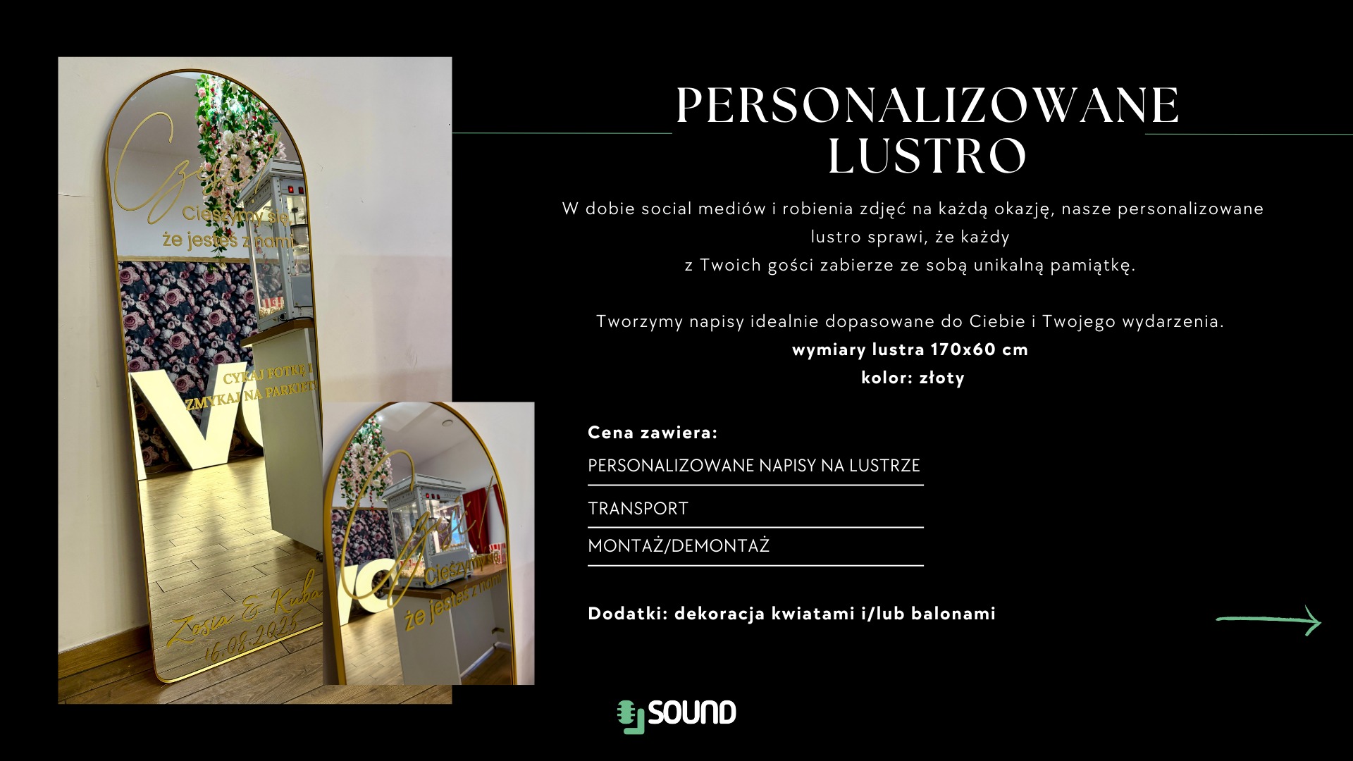 Złote lustro z personalizowanym napisem i kwiatową dekoracją, odbijające elementy sali. Lustro jako atrakcja na imprezę, zapewniająca pamiątkowe zdjęcia.