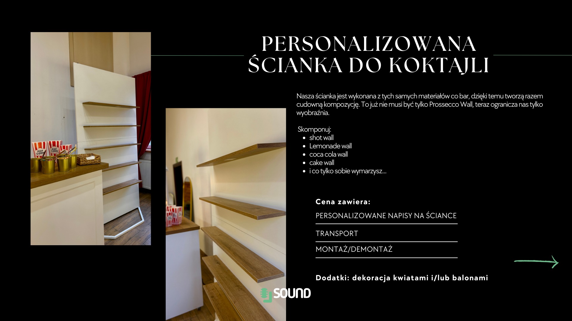Personalizowana ścianka do koktajli z półkami, dekoracjami i napisem. Idealna na eventy, wesela i imprezy firmowe. Unikalny element dekoracyjny.