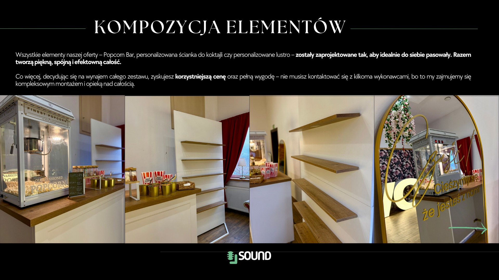 Popcorn Bar z maszyną do popcornu, personalizowaną ścianką i lustrem z napisem. Elementy zaprojektowane spójnie, tworzą efektowną całość. Dekoracja eventowa.