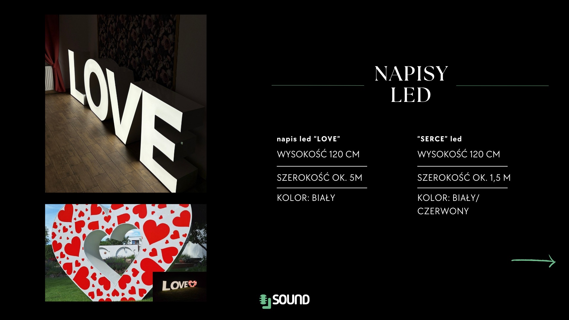 Iluminowane napisy LED: biały napis LOVE w pomieszczeniu i serce z czerwonymi sercami na zewnątrz. Prezentacja wymiarów i kolorów napisów.