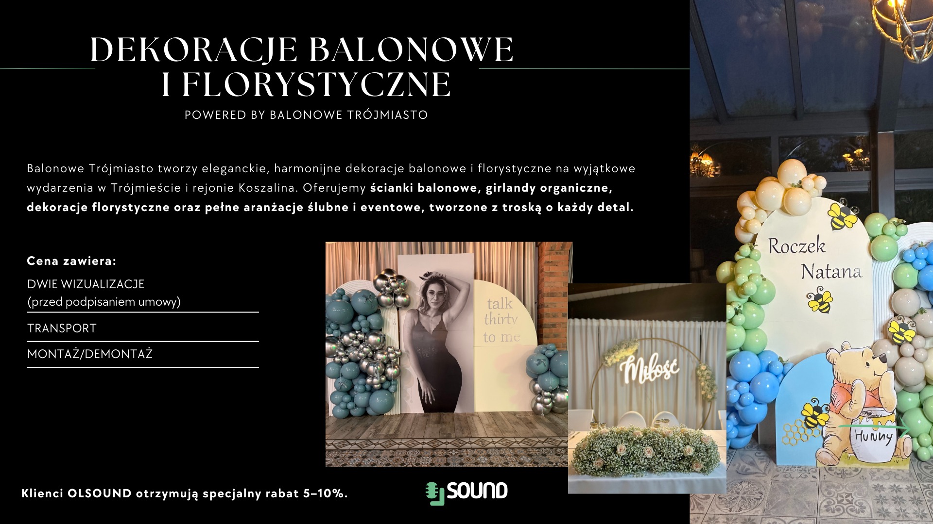 Dekoracje balonowe i florystyczne: ścianka z balonami i zdjęciem kobiety, dekoracja stołu z kwiatami, ścianka z balonami na roczek dziecka z motywem pszczół.