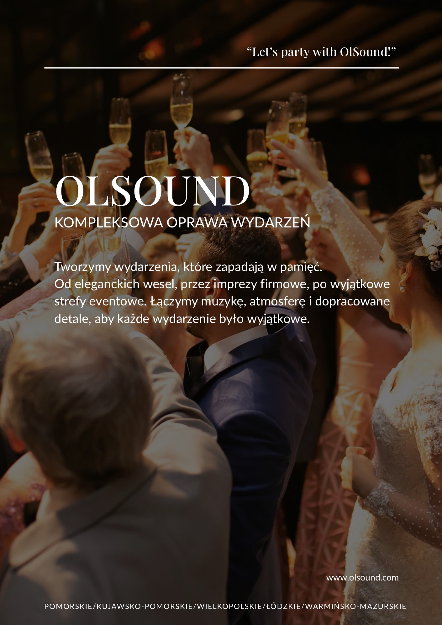 Toast szampanem na weselu, w tle para młoda. Logo firmy eventowej Olsound. Kompleksowa oprawa wydarzeń, eleganckie wesela i imprezy firmowe.