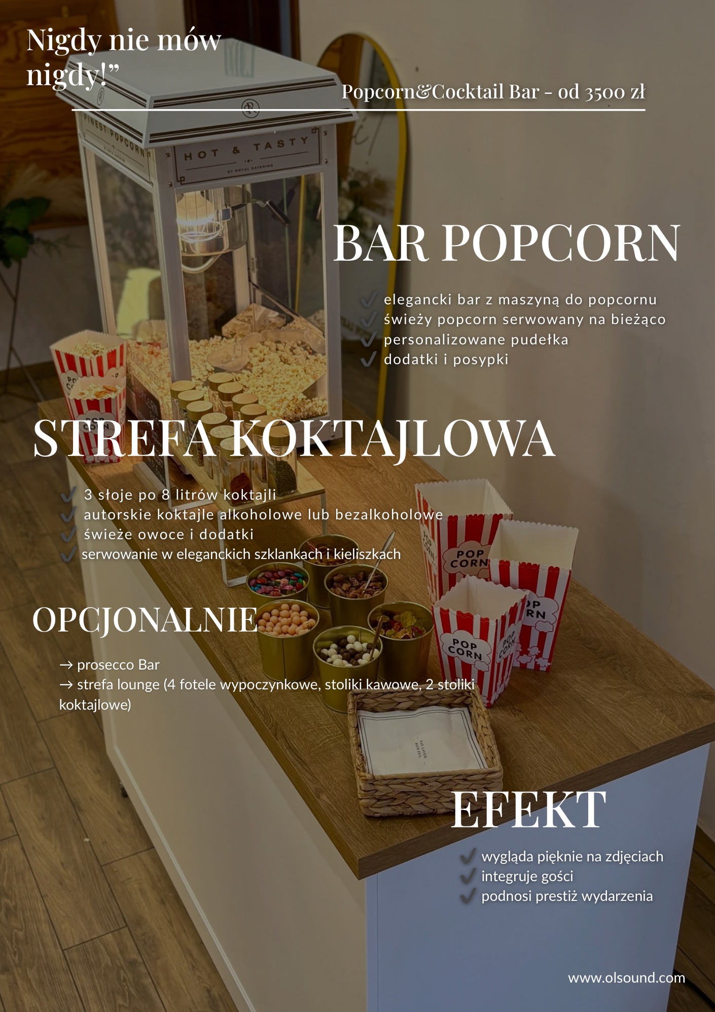 Bar popcorn i strefa koktajlowa z maszyna do popcornu, słoikami z koktajlami i dodatkami. Elegancki wygląd, integracja gości, prestiż wydarzenia.