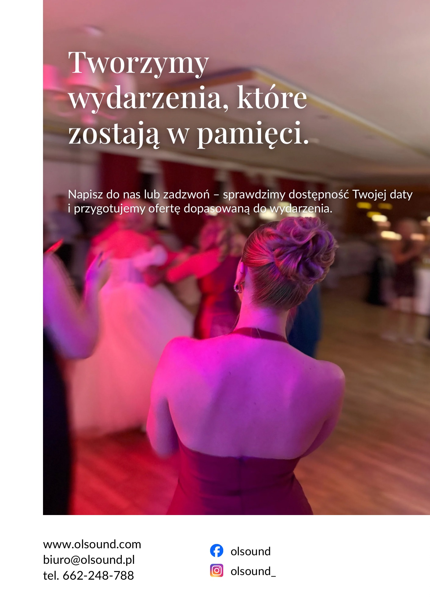 Goście weselni w tańcu, oświetleni różowym światłem, widziani zza pleców kobiety w bordowej sukience. Tekst: Tworzymy wydarzenia, które zostają w pamięci.
