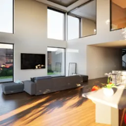 Nowoczesny salon z wysokimi oknami, szarą sofą i drewnianą podłogą. W tle widoczny ogród. Na pierwszym planie biały stół z czerwonymi krzesłami.