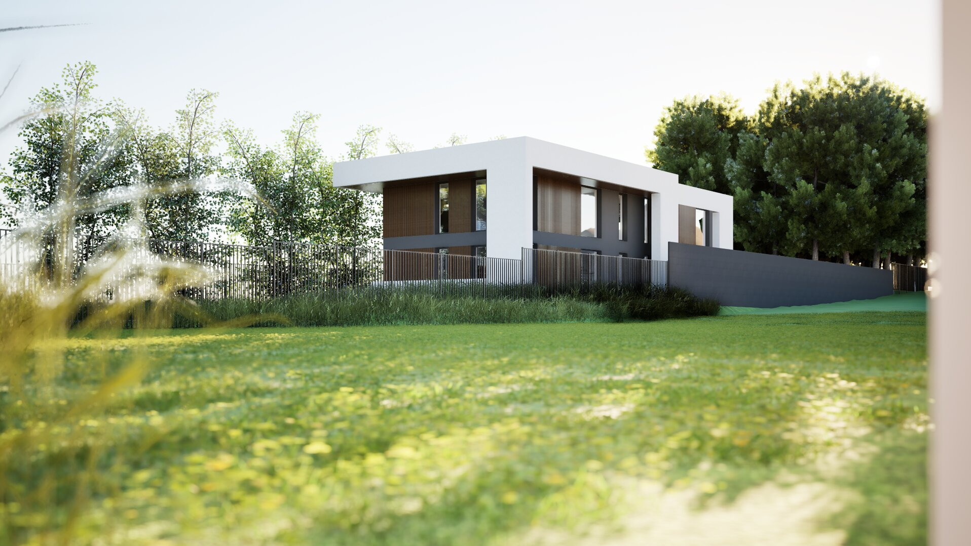 Wizualizacja nowoczesnego domu z płaskim dachem, otoczonego zielenią i ogrodzeniem. Budynek o minimalistycznej architekturze z elementami drewna i dużymi przeszkleniami.