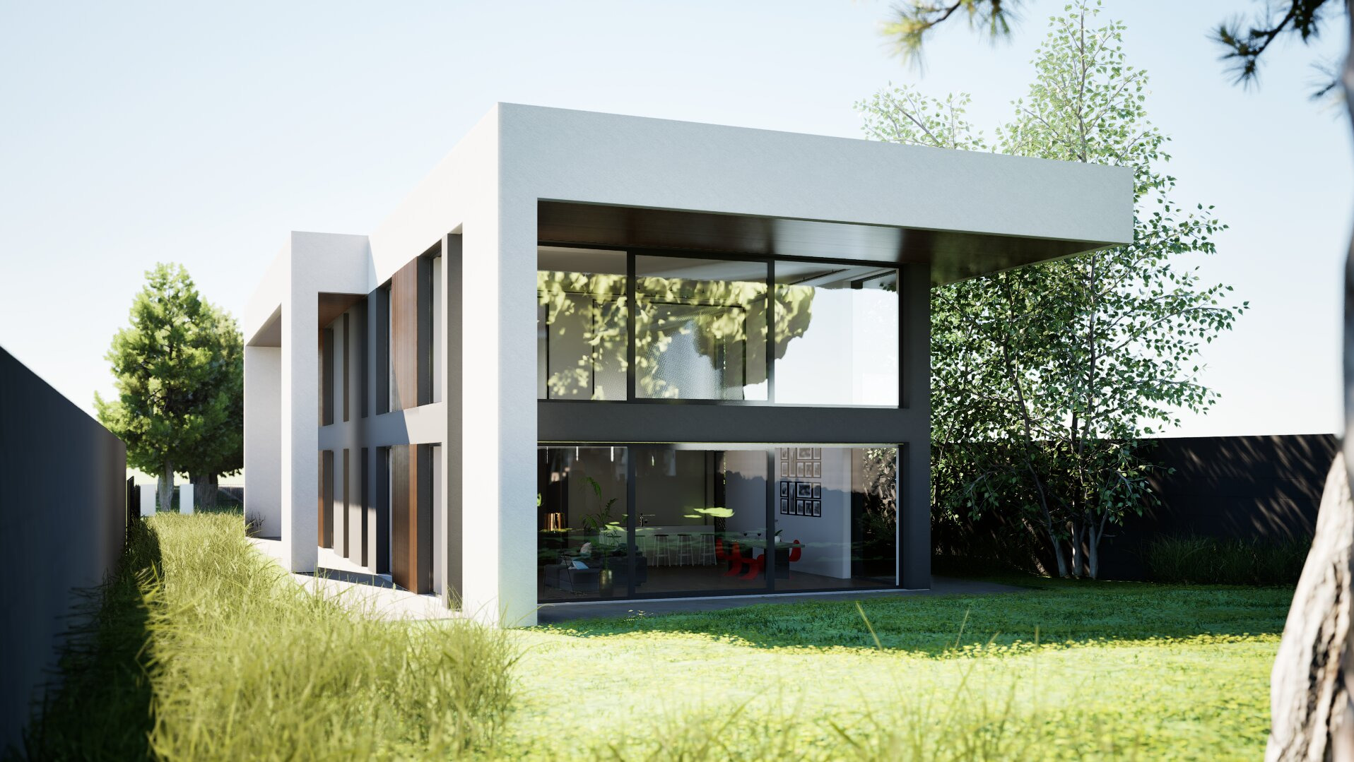 Wizualizacja nowoczesnego, dwukondygnacyjnego domu z płaskim dachem, dużymi oknami i minimalistyczną bryłą. Widok z zewnątrz, zieleń w tle.