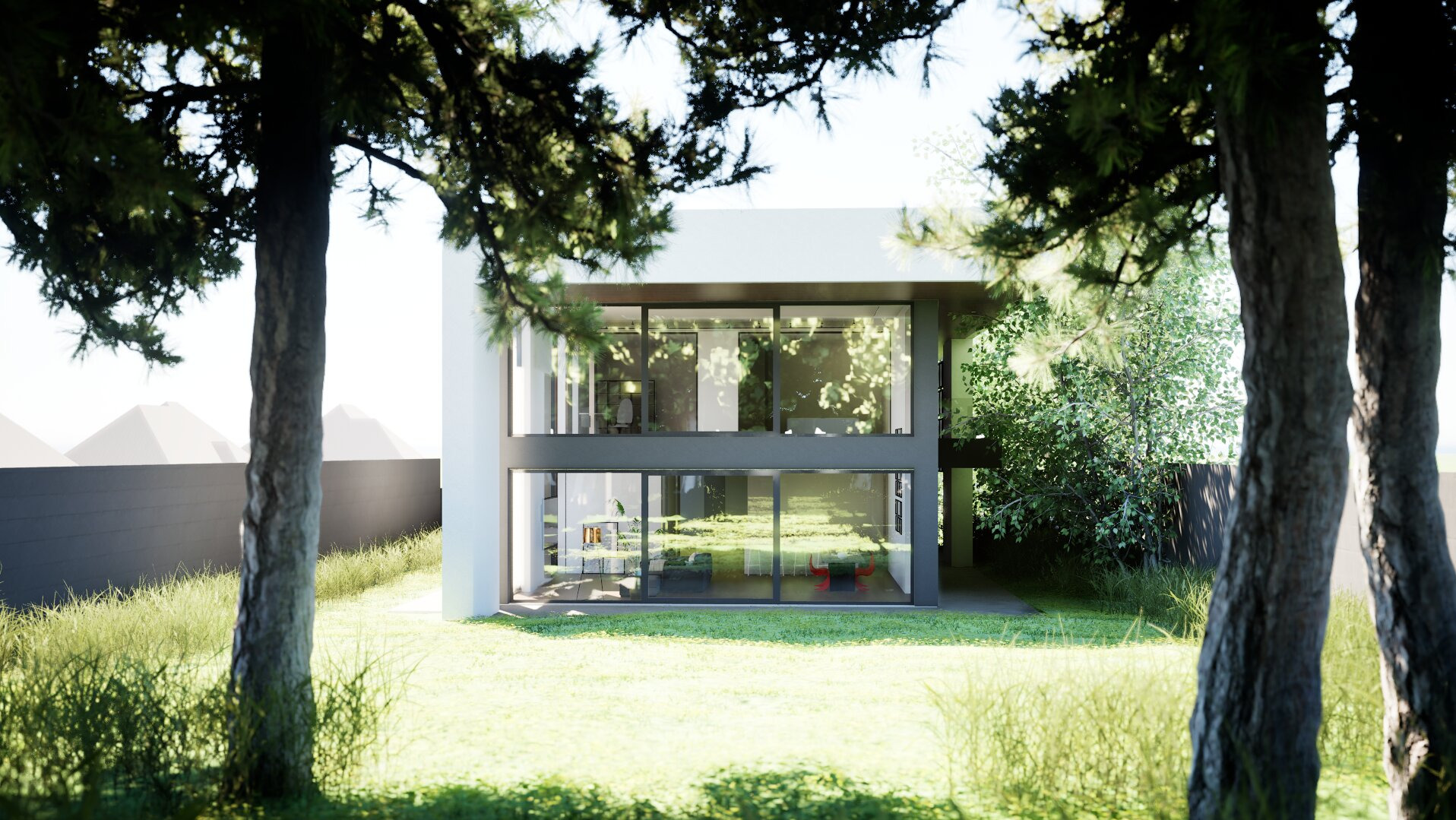 Nowoczesny, dwukondygnacyjny dom z dużymi przeszkleniami, widziany z perspektywy trawnika, z drzewami po bokach kadru. Minimalistyczna bryła, jasna elewacja.