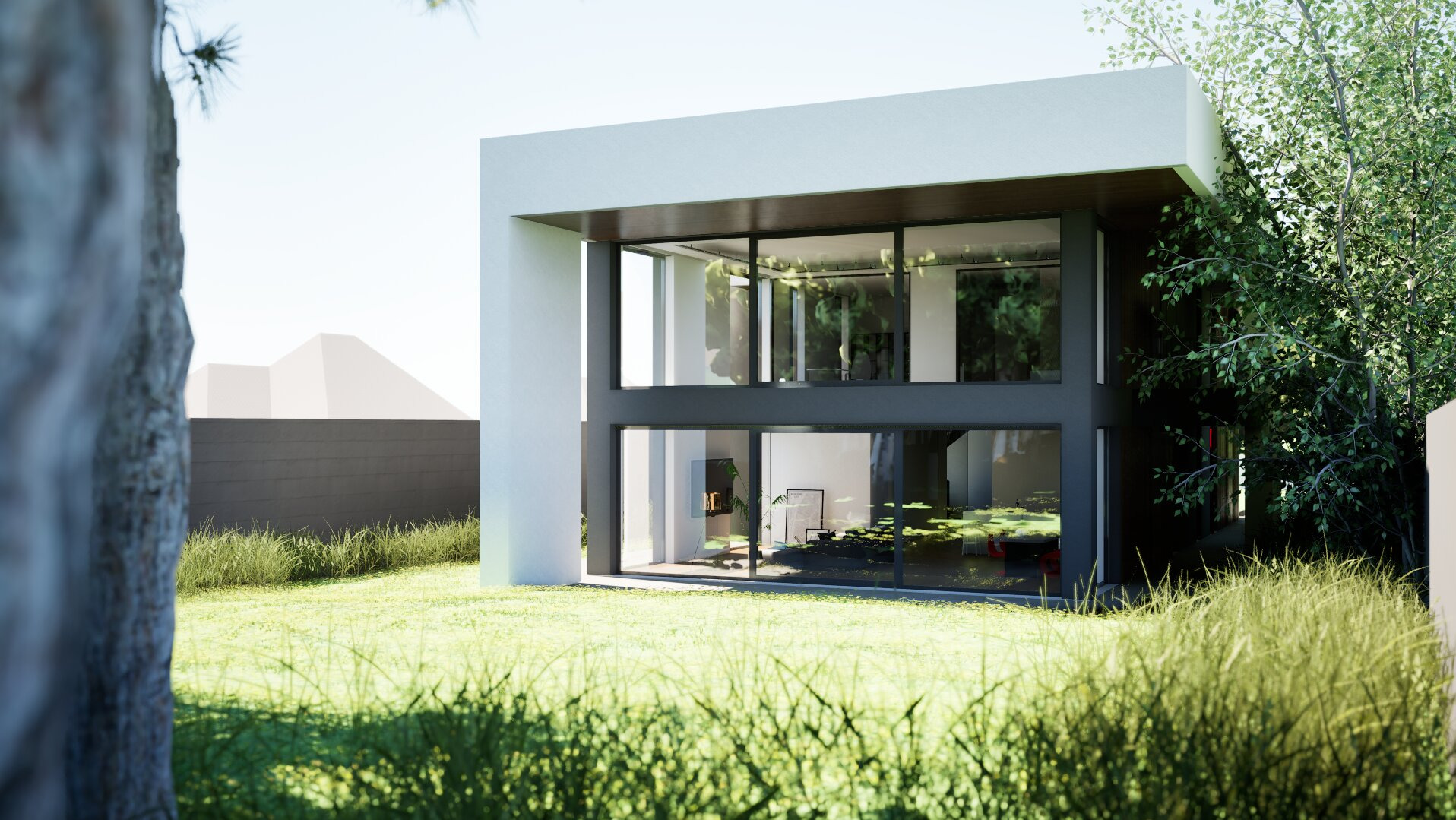 Dwukondygnacyjny dom z dużymi oknami i płaskim dachem, otoczony zielenią. Minimalistyczna architektura z ciemnoszarą elewacją i białymi elementami. Widok z zewnątrz, trawnik.