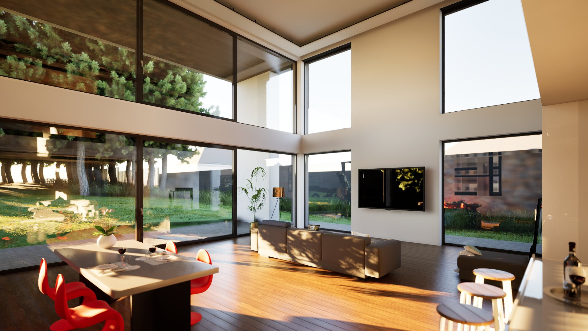 Wnętrze przestronnego salonu z dużymi oknami, drewnianą podłogą i nowoczesnymi meblami. Widok na ogród. Czerwone krzesła przy stole dodają akcentu kolorystycznego.