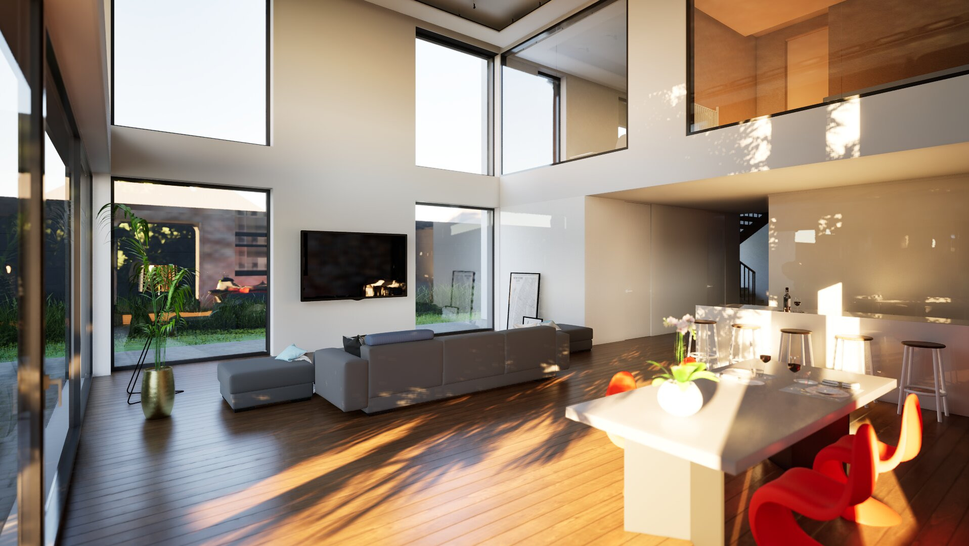 Nowoczesny salon z wysokimi oknami, szarą sofą i drewnianą podłogą. W tle widoczny ogród. Na pierwszym planie biały stół z czerwonymi krzesłami.