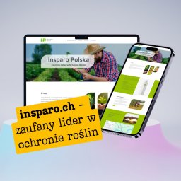 Piotr Snopek WebAbo - Strony WWW - Prezentacja responsywnej strony internetowej 'Insparo Polska' na laptopie i smartfonie. Strona dedykowana ochronie roślin, z grafiką rolnika w tle.