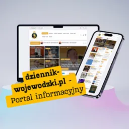 Prezentacja responsywnej strony na tablecie i smartfonie, z żółtym banerem 'dziennik-wojewodzki.pl - Portal informacyjny' nakładającym się na urządzenia.