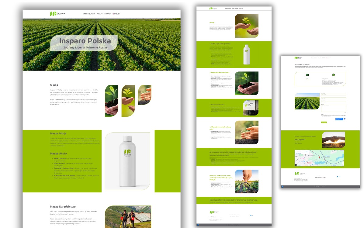 Prezentacja responsywnej strony internetowej Insparo Polska z zielonymi akcentami, pokazująca uprawy polowe i detale oferty. Układ strony na trzech urządzeniach.
