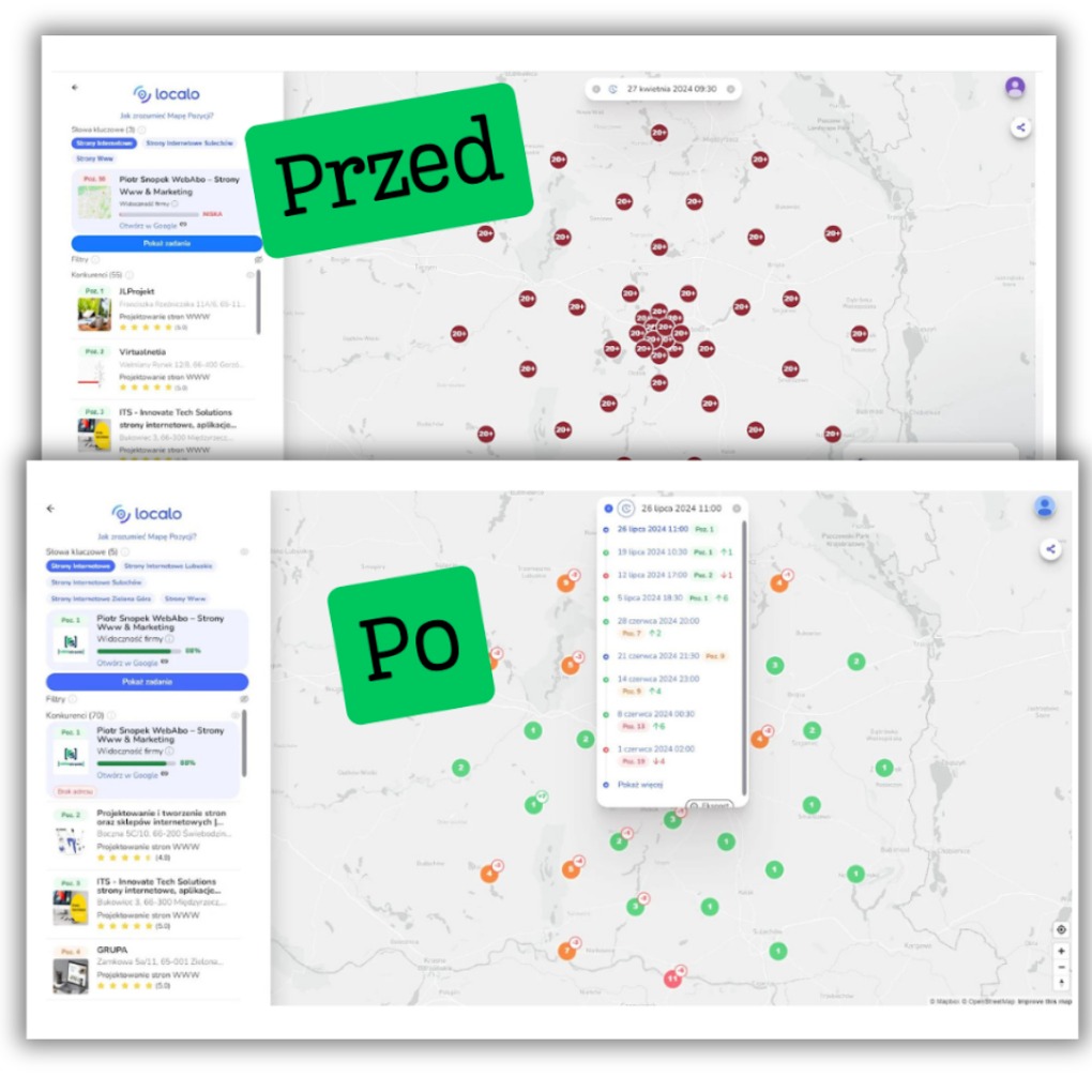 Porównanie widoczności firmy w lokalnych wynikach wyszukiwania: mapa przed i po optymalizacji, z zaznaczonymi datami i pozycjami. Prezentacja efektów SEO.