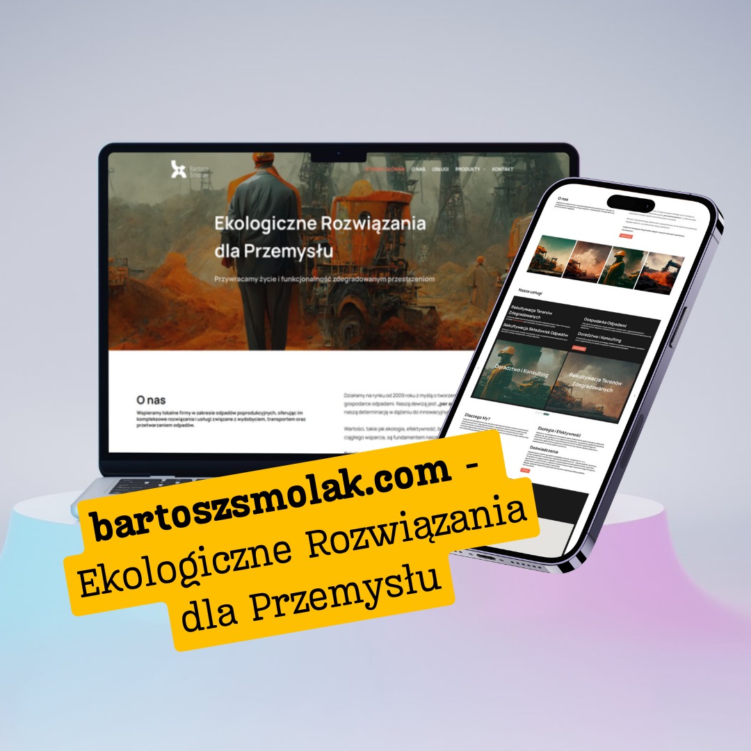 Prezentacja responsywnej strony internetowej na laptopie i smartfonie. Strona o ekologicznych rozwiązaniach dla przemysłu z widocznym logo. Modern design, czytelna typografia.