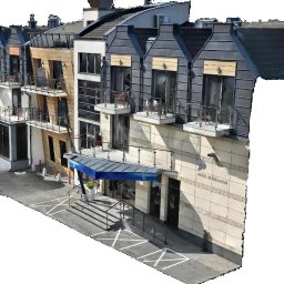 L-PROJEKT USŁUGI PROJEKTOWE I INŻYNIERSKIE Paweł Lipski - Wizualizacja 3D fasady hotelu z balkonami i wejściem, ukazana z perspektywy żabiej, z widocznymi detalami architektonicznymi i otoczeniem.
