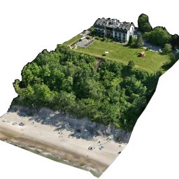 L-PROJEKT USŁUGI PROJEKTOWE I INŻYNIERSKIE Paweł Lipski - Widok z lotu ptaka na budynek hotelowy z zielonym trawnikiem, otoczony drzewami i plażą z piaskiem. Wyraźne, naturalne kolory i oświetlenie.