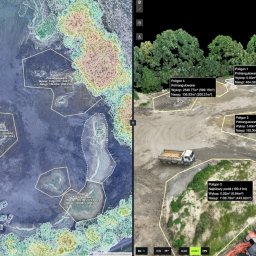 L-PROJEKT USŁUGI PROJEKTOWE I INŻYNIERSKIE Paweł Lipski - Porównanie map terenu: ortofotomapa z lewej i model 3D z prawej, z zaznaczonymi poligonami i obliczeniami wykopu/nasypu. Widoczne maszyny budowlane i zieleń.