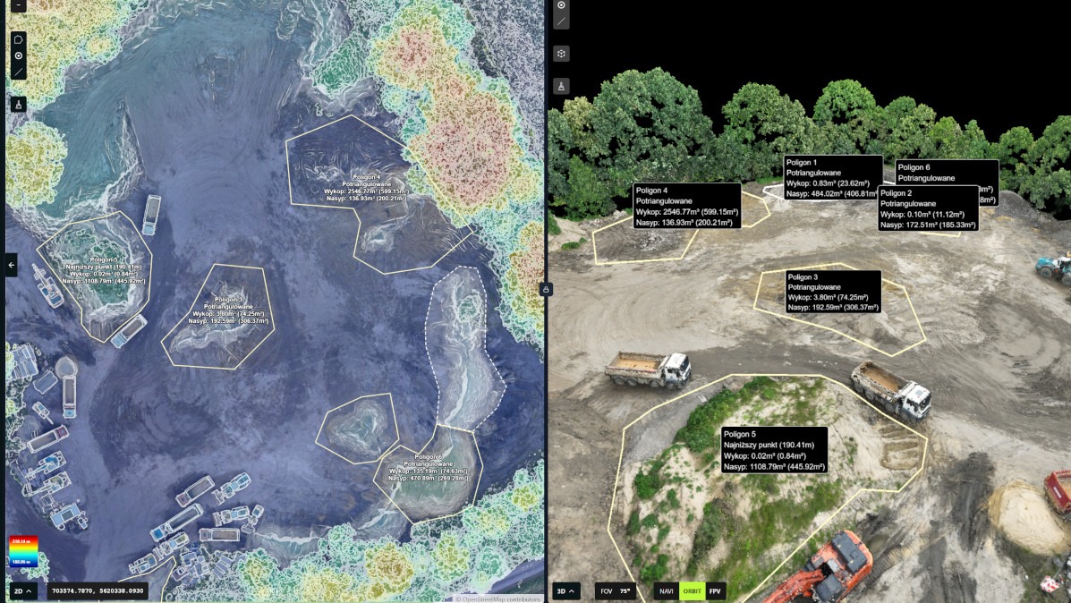 Porównanie map terenu: ortofotomapa z lewej i model 3D z prawej, z zaznaczonymi poligonami i obliczeniami wykopu/nasypu. Widoczne maszyny budowlane i zieleń.