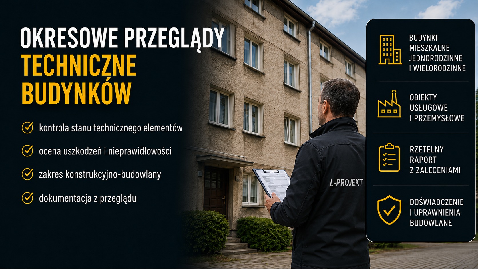Mężczyzna w czarnej kurtce z logo 'L-PROJEKT' ogląda elewację wielorodzinnego budynku, trzymając teczkę. Na zdjęciu widoczna jest grafika reklamowa usług przeglądów technicznych budynków.