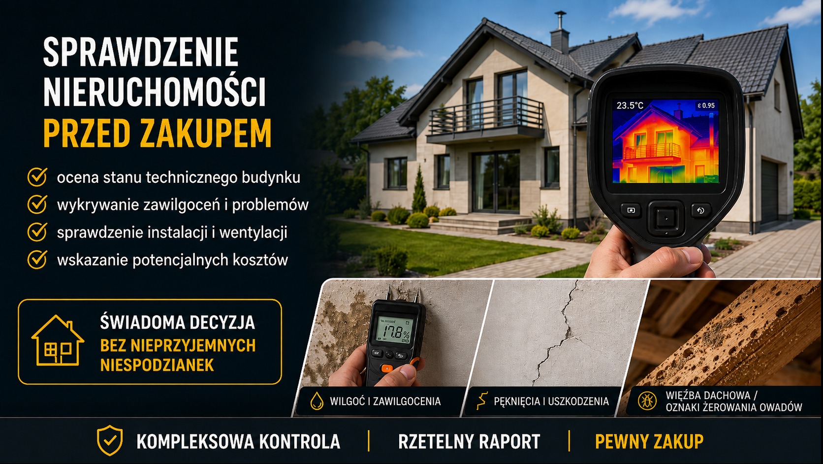 Ręka z kamerą termowizyjną przed nowoczesnym domem, obok detale: miernik wilgoci (17.8%), pęknięcia ściany i uszkodzona więźba dachowa. Wizualizacja inspekcji nieruchomości.