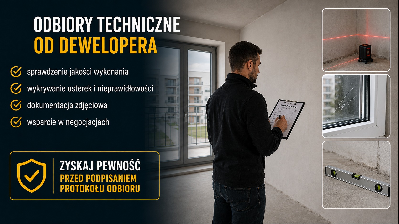 Inspektor w częściowo wykończonym mieszkaniu wypełnia raport, obok laser poziomujący, porysowana szyba okna i poziomica na betonowej posadzce.