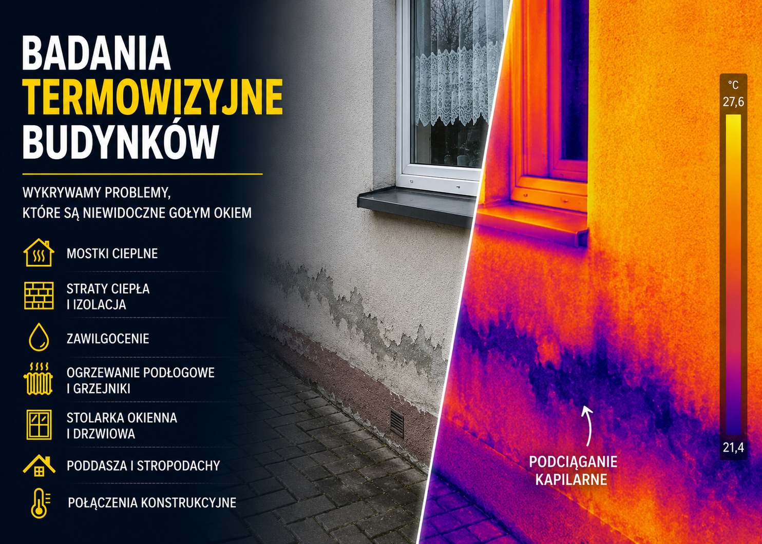 Porównanie ściany budynku z widocznym zawilgoceniem i jej obrazu termowizyjnego, ukazującego podciąganie kapilarne oraz różnice temperatur.