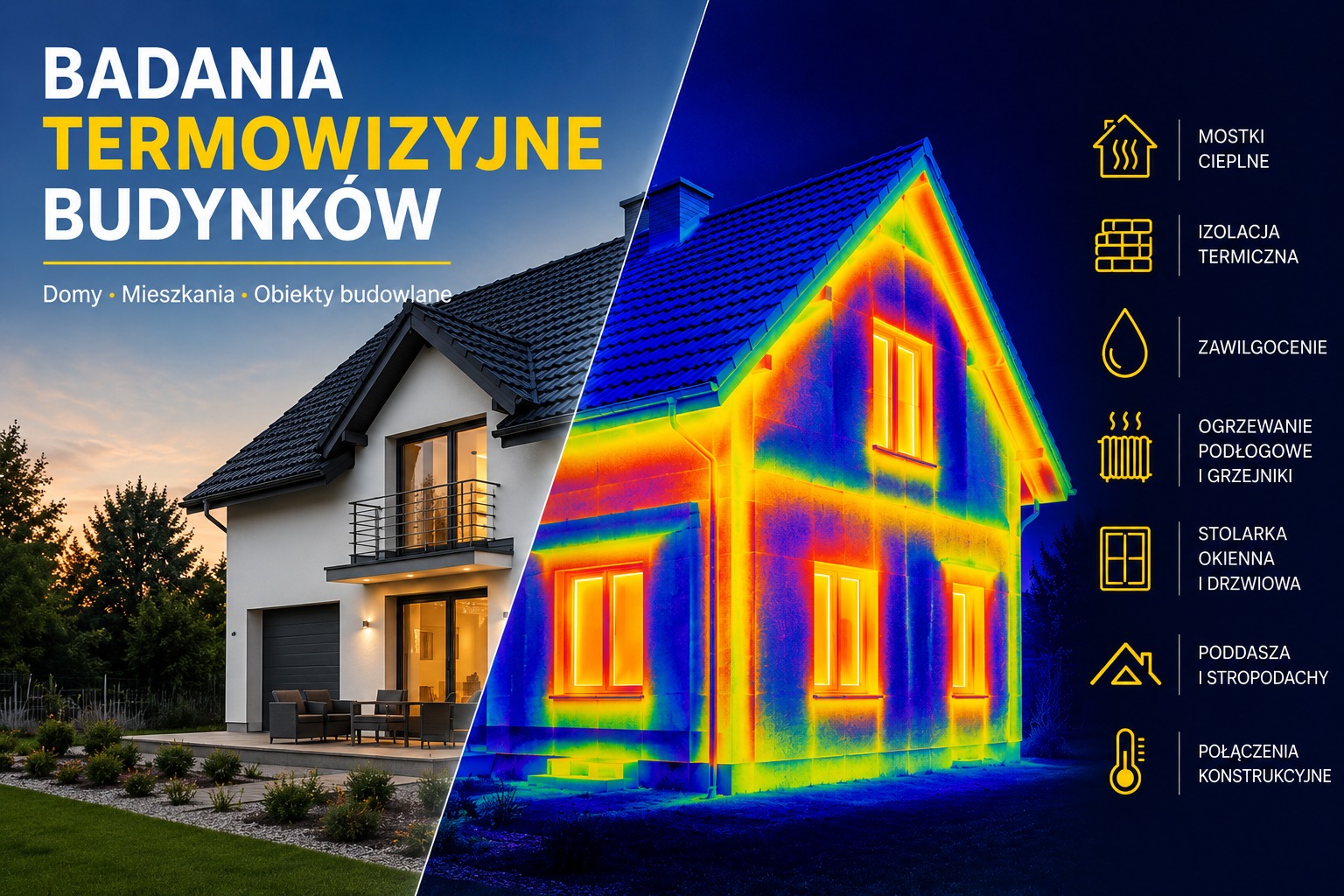 Nowoczesny dom jednorodzinny z czarnym dachem, częściowo przedstawiony w widoku termowizyjnym, ukazującym mostki cieplne i straty energii przez okna.