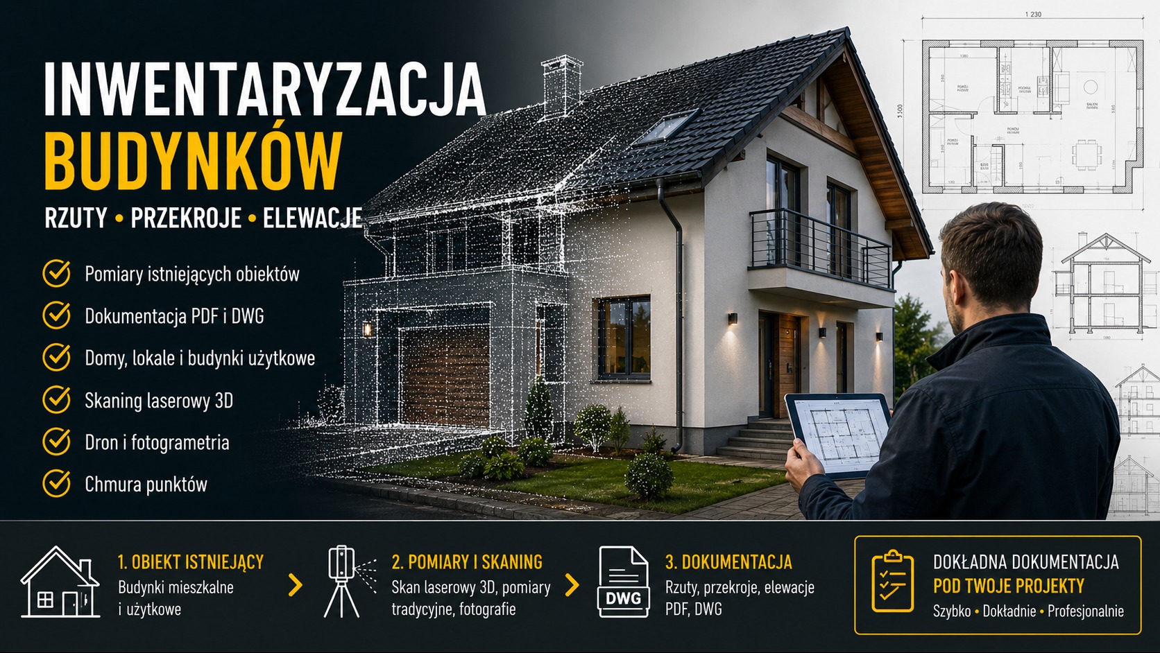Wizualizacja inwentaryzacji budynku: nowoczesny dom częściowo jako siatka punktów 3D, częściowo realny, z mężczyzną oglądającym plany na tablecie i rzutami architektonicznymi w tle.