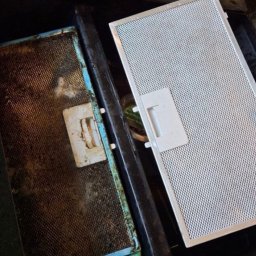 Tidytigers - Filtr okapu kuchennego: po lewej silnie zabrudzony, po prawej czysty, po umyciu. Widoczne resztki tłuszczu i brudu na starym filtrze, kontrast z nowym.