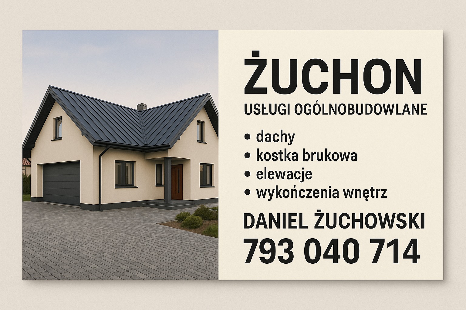 Nowoczesny dom jednorodzinny z szarą dachówką i elewacją w odcieniach beżu, prezentowany na tle reklamy usług ogólnobudowlanych firmy Żuchon.