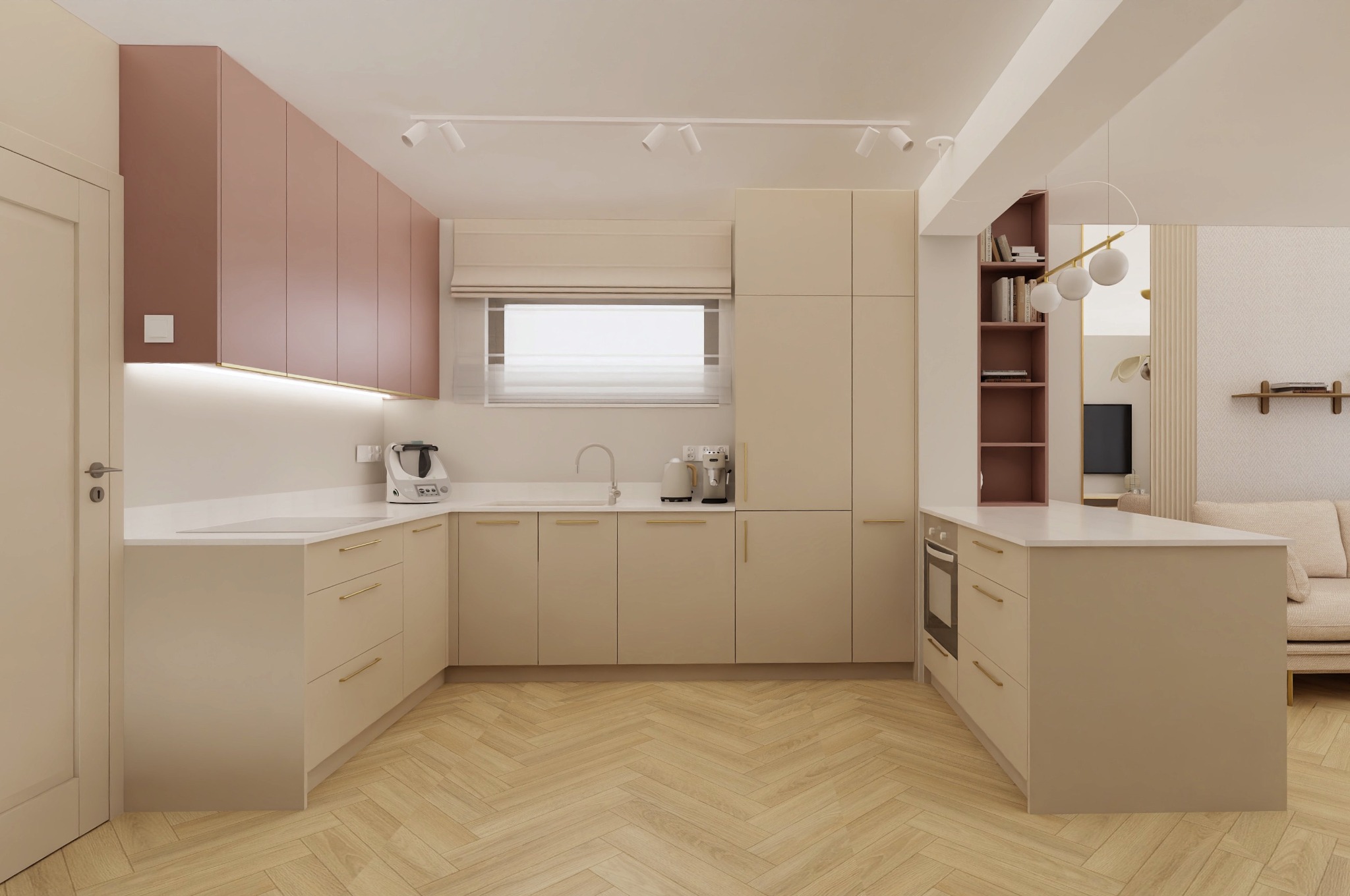 Kaszmirowa kuchnia z różowym akcentem.