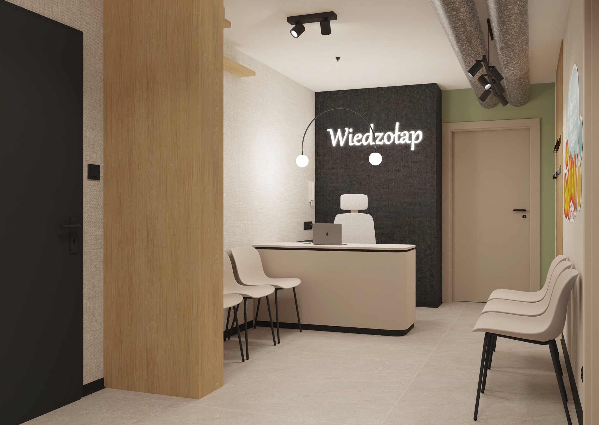 Wnętrze recepcji biura z neonem 'Wiedzołap', minimalistycznym biurkiem, krzesłami i oświetleniem punktowym. Neutralna kolorystyka ścian i podłogi.