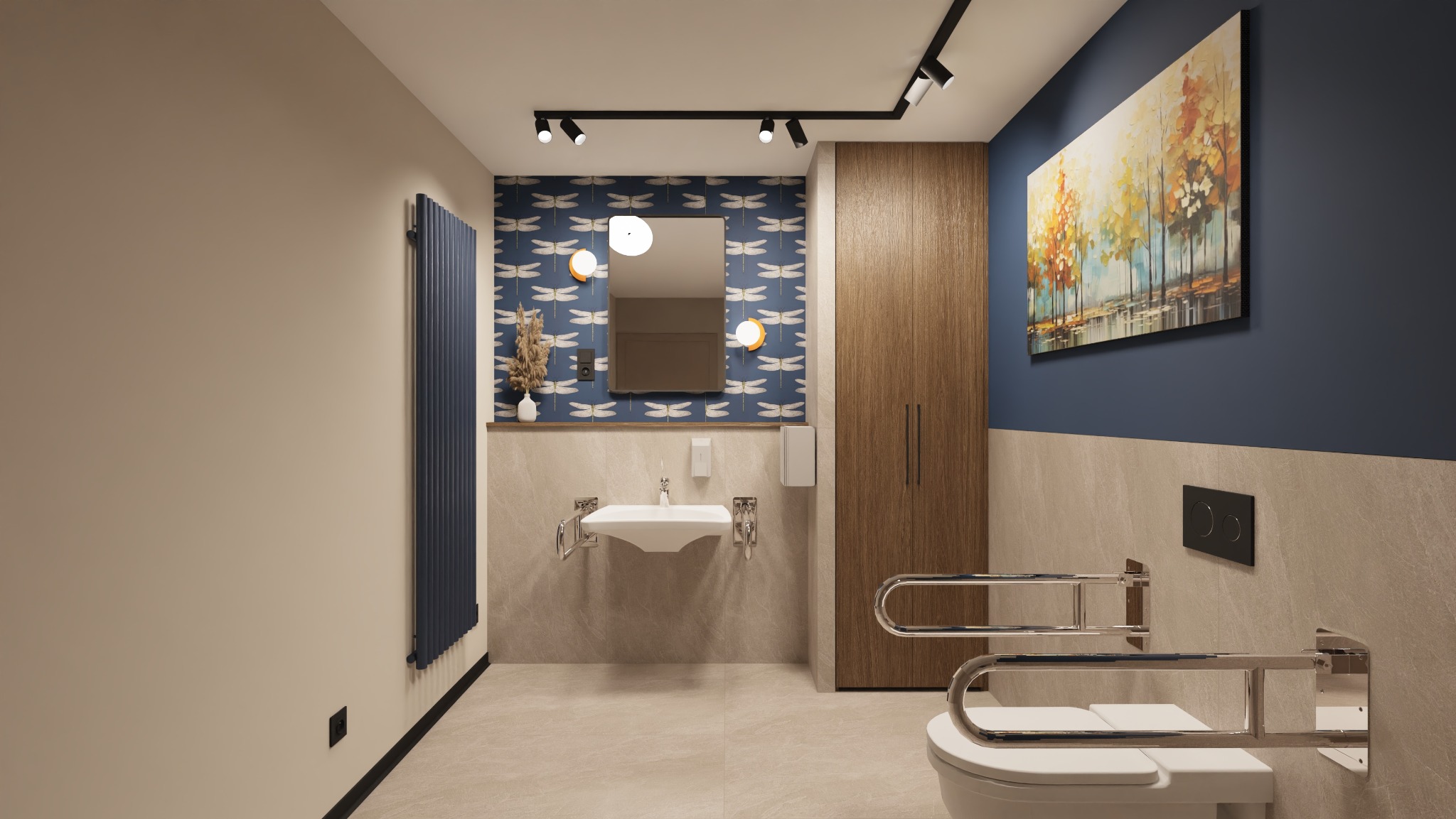 Toaleta dla osób niepełnosprawnych z zabudowanym kącikiem gospodarczym.